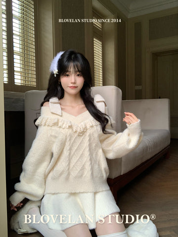 Twisted lace V-neck soft mink plush suit