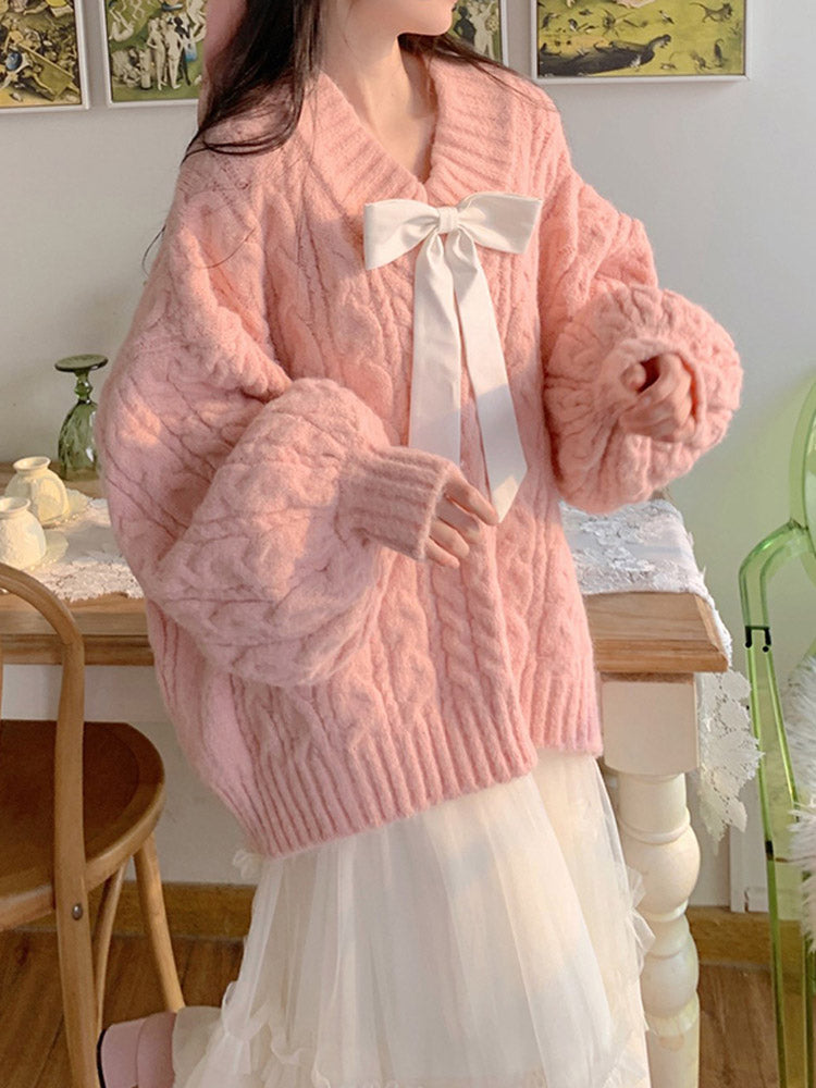 Women's autumn and winter pink v-neck bow sweater