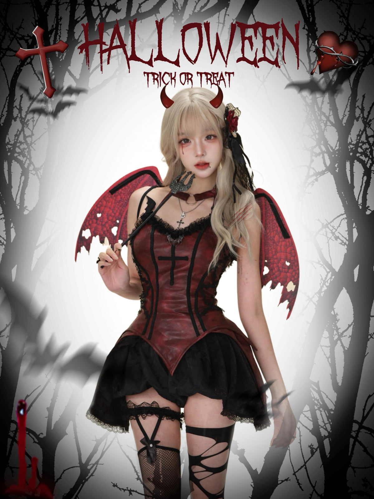 Vampire Night Bra + Bat Trumpet Sleeves + Bat Pumpkin Pants + Black Velvet Long Skirt