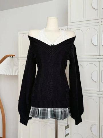 Women's autumn black waist v-neck sweater