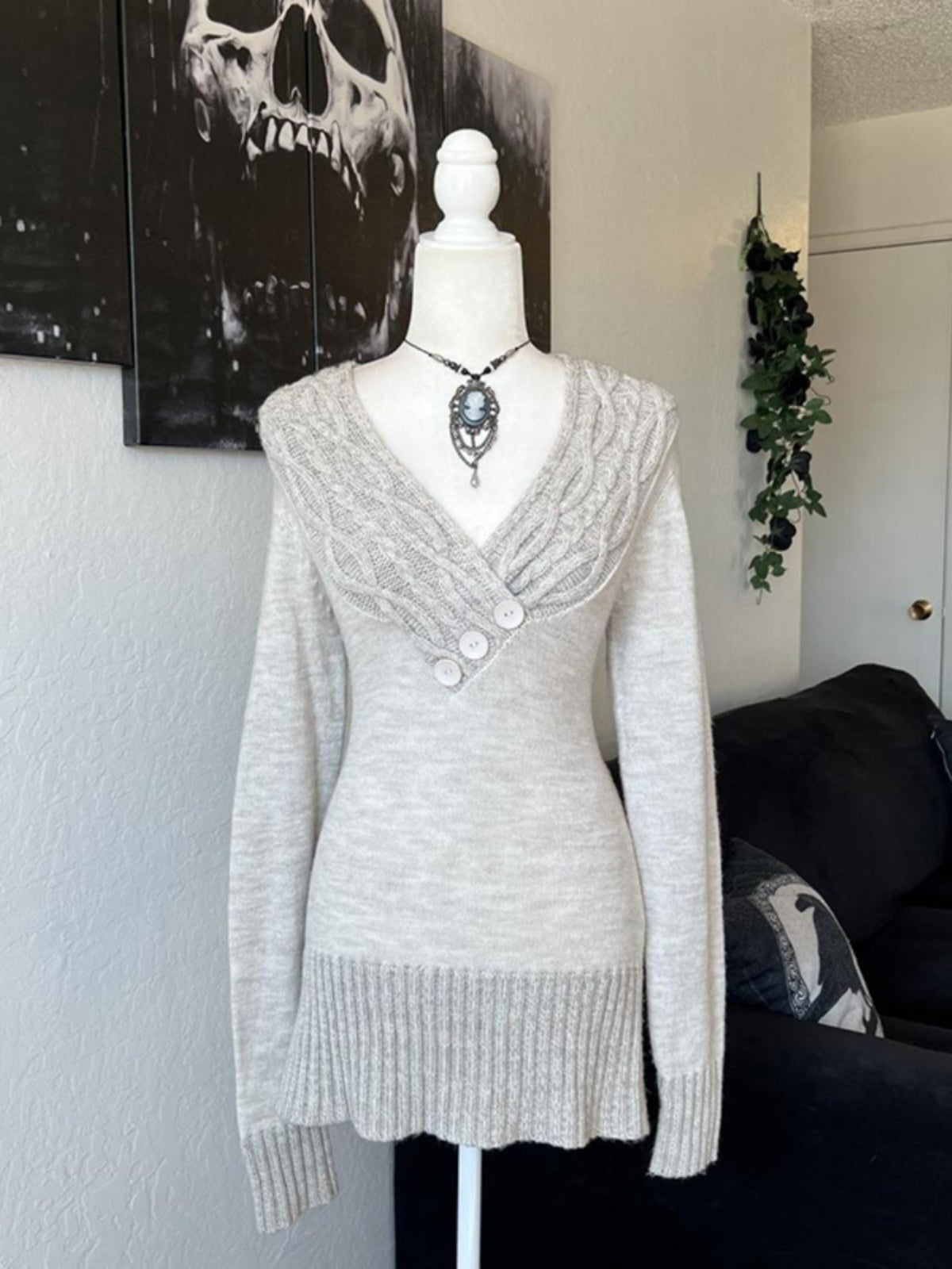 Original Grey Cable Knit V-Neck Sweater