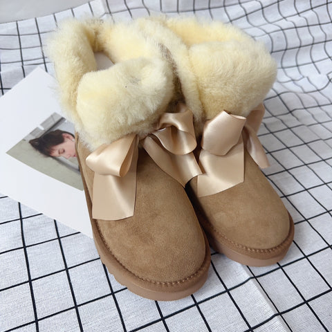 Sheepskin wool double ribbon bow snow boots