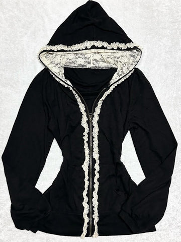 Original black lace splicing sweatshirt jacket for women autumn and winter