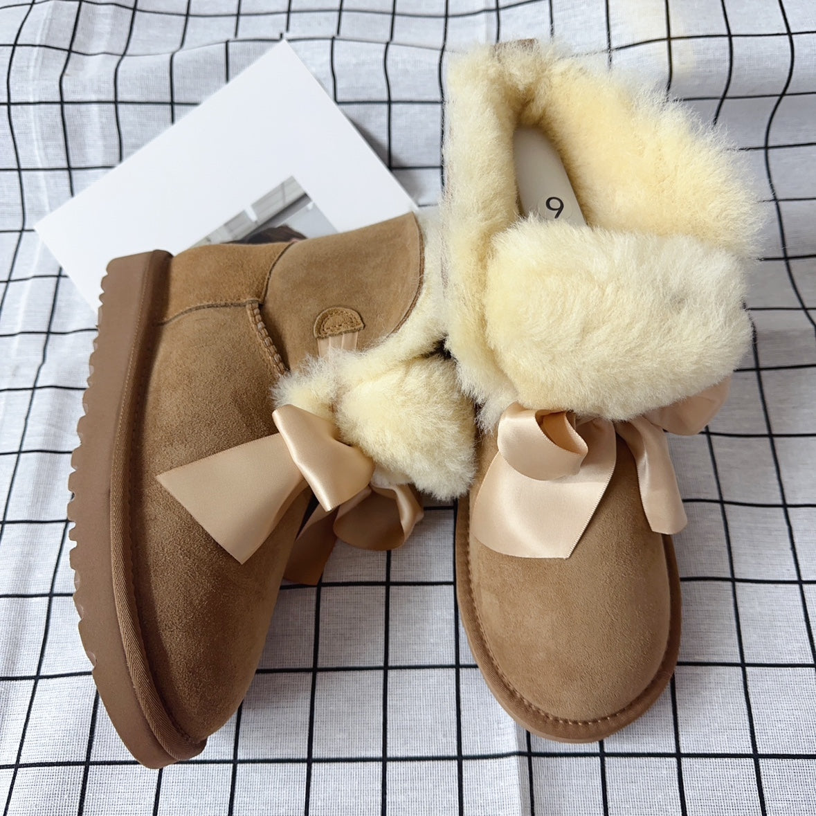 Sheepskin wool double ribbon bow snow boots