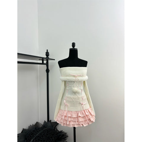 Detachable Pom Pom Knit Top Cake Skirt Two-Piece Set