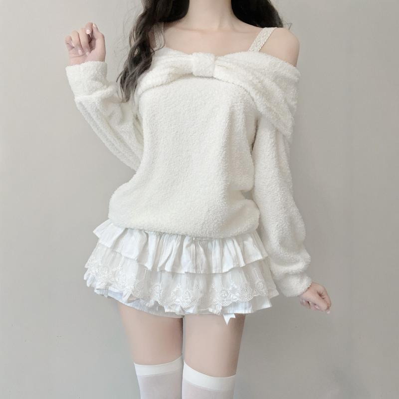 Loose Japanese Sweet Bowknot One Shoulder Sweater