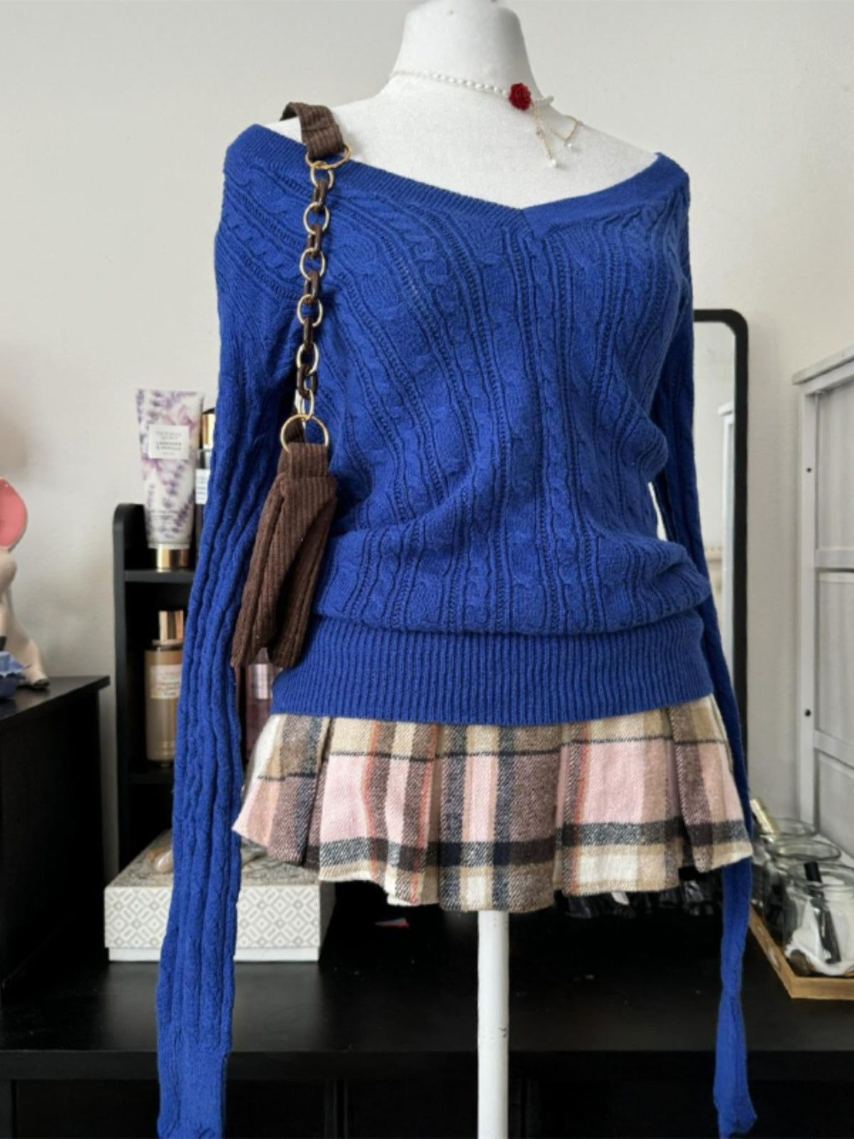 Original Klein Blue V-neck Cable Knit Sweater