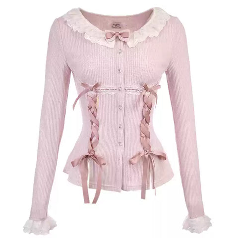 Bobon21 bow tie lace knitted cardigan