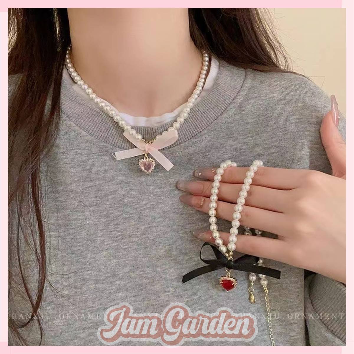 Sweet Pearl Heart Ribbon Necklace