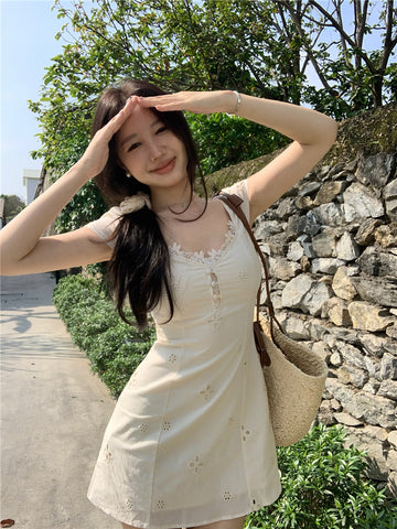 French tea break embroidery hollow dress for women white