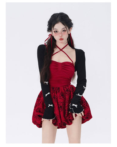 Rose Red Suspender Dress Black Waistcoat Niche Design Suit