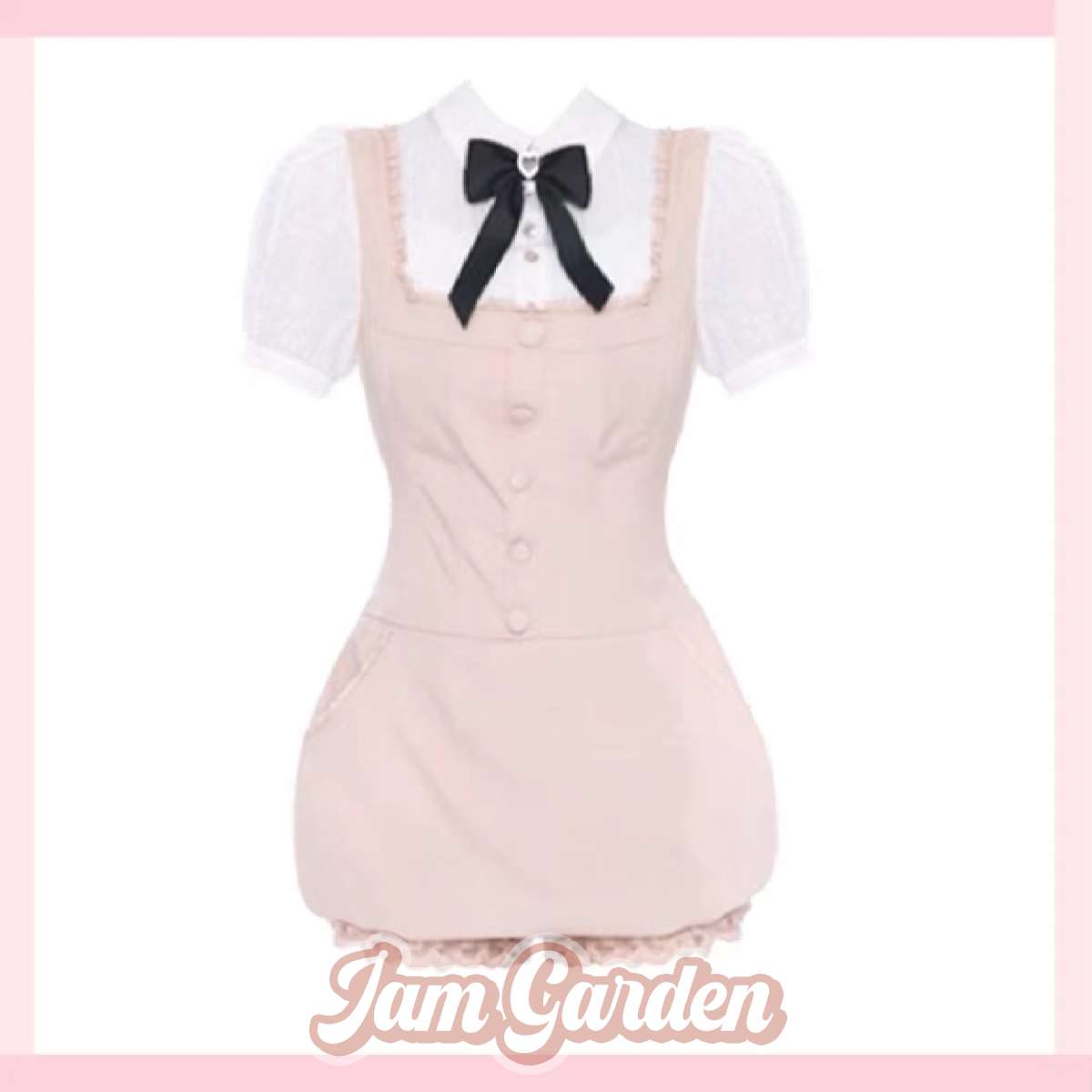 Bungalow Doll Tea Break French Style Short Suspenders Fake Two-Piece Dress Sweet High Waist - Jam Garden
