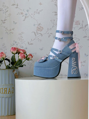 Original sweet and spicy denim ribbon lolita high heels