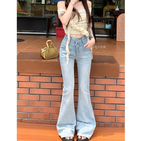 Lace bow high-waist micro-flare light blue denim trousers