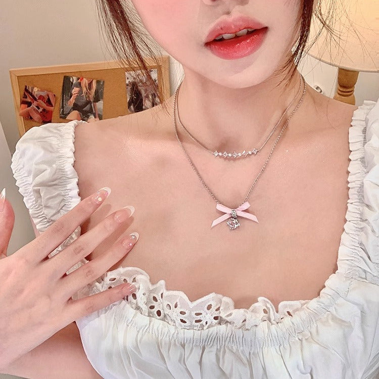 Heart Bow Knot Pearl Necklace Summer Sweet Girly Style Niche Design Light Luxury High-end Stacked Clavicle Chain - Jam Garden