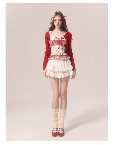 Spring and summer red plaid lace suspender belt