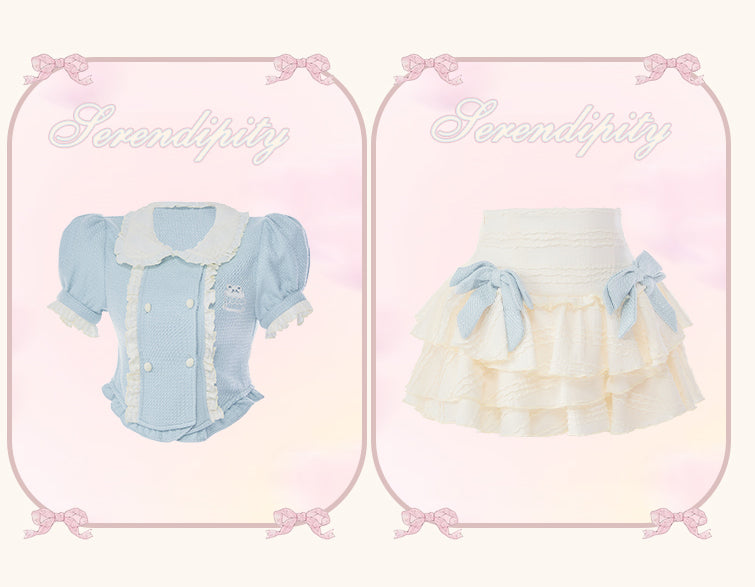 [Cream baby blue]- SummerSshort-Sleeved Top & White Cake Skirt Two-Piece Suit - Jam Garden