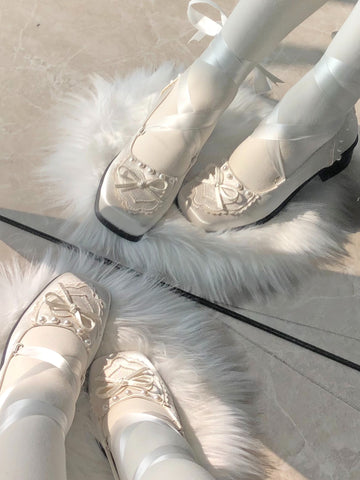 Square toe medium heel satin pearl elegant ballet shoes