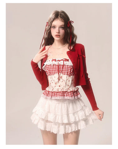 Spring and summer red plaid lace suspender belt