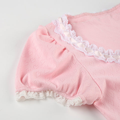 Sweet and spicy pink girly bow knitted T-shirt