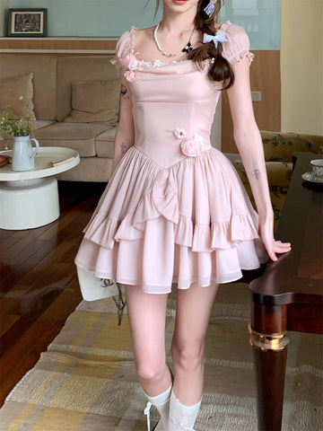 Pink Princess Skirt Three-Dimensional Flower Waist Puffy Dress