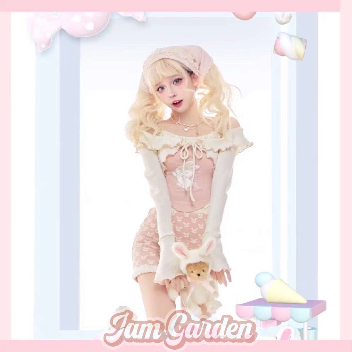 Autumn Outfit With A Whole Set Of Pink Bunny Cardigan With Straps And Hip Skirt - Jam Garden