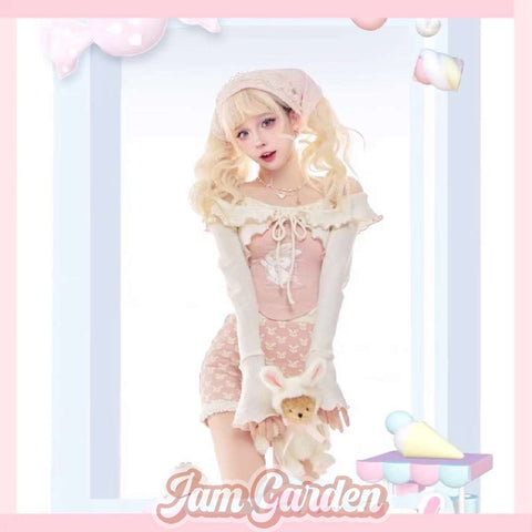 Autumn Outfit With A Whole Set Of Pink Bunny Cardigan With Straps And Hip Skirt - Jam Garden