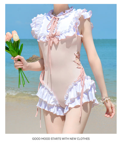 Sweet bow pink whitening student one-piece swimsuit