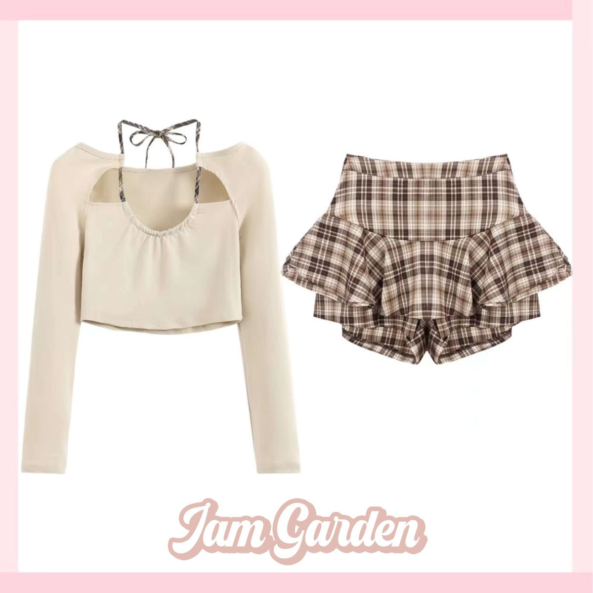 Hot Girl Coffee Color Careful Machine Top Plaid Irregular Skirt Slimming Slim Pure Lust Girl Suit - Jam Garden