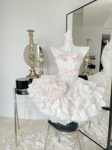 French princess pink high waist tube top puffy dress