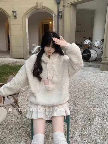 Bunny long ears hooded lamb wool sweater jacket