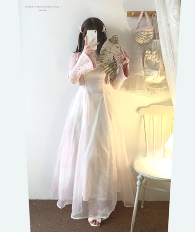 Sleepingdoll POSHEPOSE Romantic Pink Organza Cuffed Sling Fishtail Waist Dress