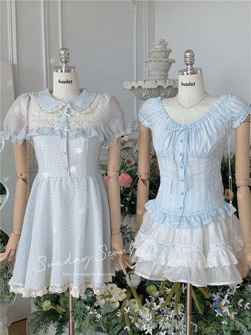 Sweet girly lace baby doll collar bow puff sleeve dress