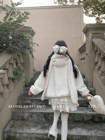 Bunny long ears hooded lamb wool sweater jacket