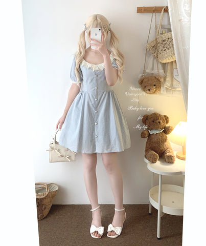 sleepingdoll Lace Cotton Soft Square Neck French Style Dress