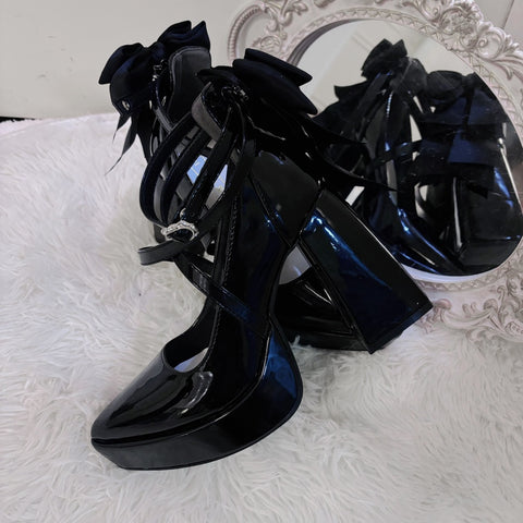 Dark pointed thick heels with big bow lolita shoes