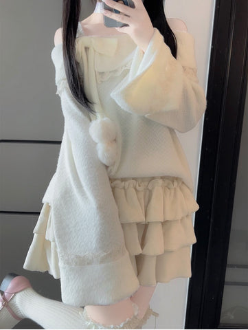 Original one-shoulder plush sweater bowknot suit