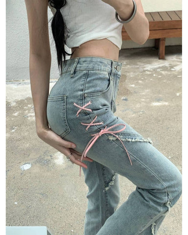 Lace-Up Raw-Edged Slit Bootcut Jeans