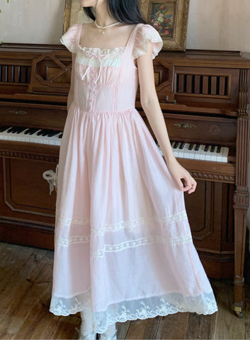 Retro fairy-like flying sleeve lace bow dress