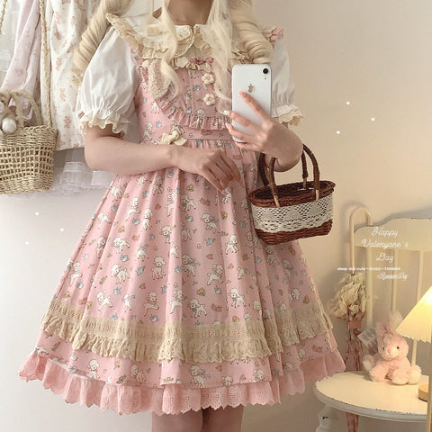 Sleepingdoll Cute lace cotton short sleeve waist drawstring lining