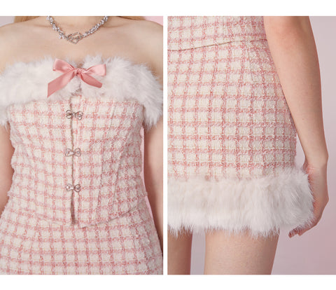 [Princess Anna] Raw Edge Tweed Sheath Blouse Little Fragrance Set Skirt