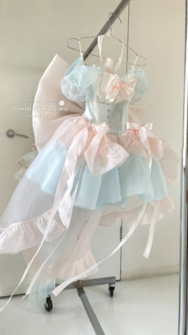 POSHEPOSE pink blue princess style new bow dress suit