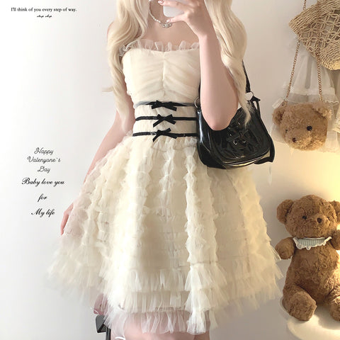 sleepingdoll Elegant Layered Cake Bow Sling Dress