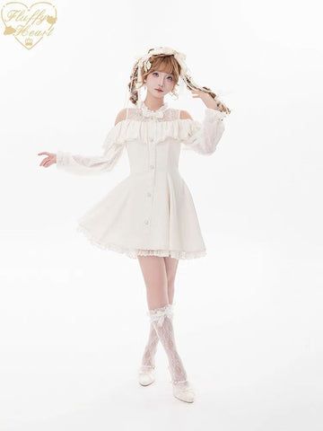 Off-shoulder lace dress Japanese girlish style