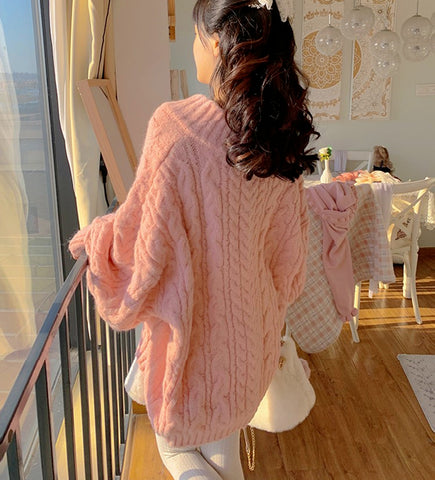 Women's autumn and winter pink v-neck bow sweater