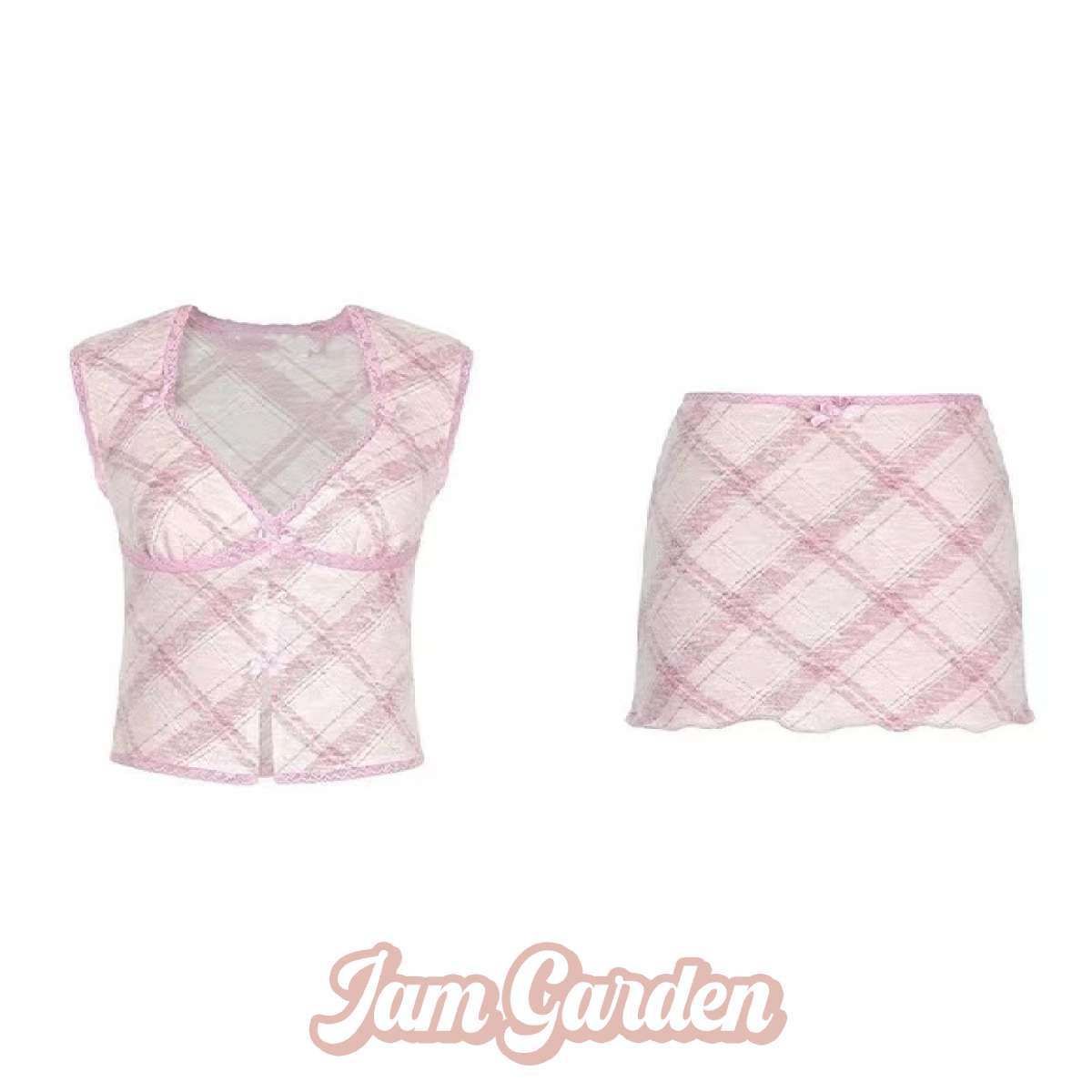 Sweetheart Spice Girl Pink Bow V-neck Short-sleeved Top/Skirt Set - Jam Garden