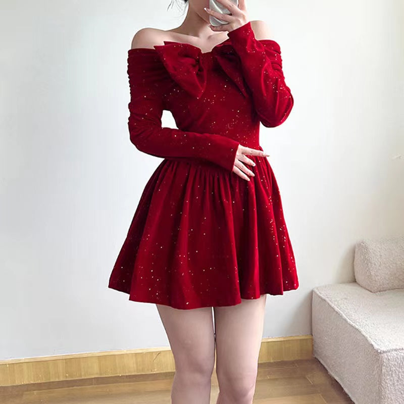 New Year Red Bow Sparkling Fluffy Princess Dress