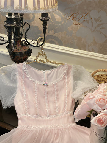 Antique doll ~ heavy lace princess vintage baby pink dress