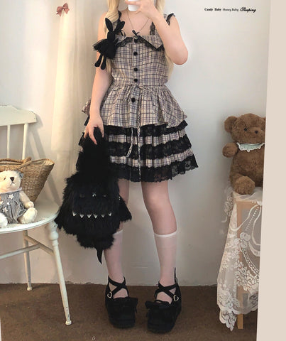 sleepingdoll Plaid Dark Abyssin Lace Suspender Skirt Set