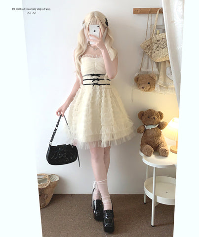 sleepingdoll Elegant Layered Cake Bow Sling Dress